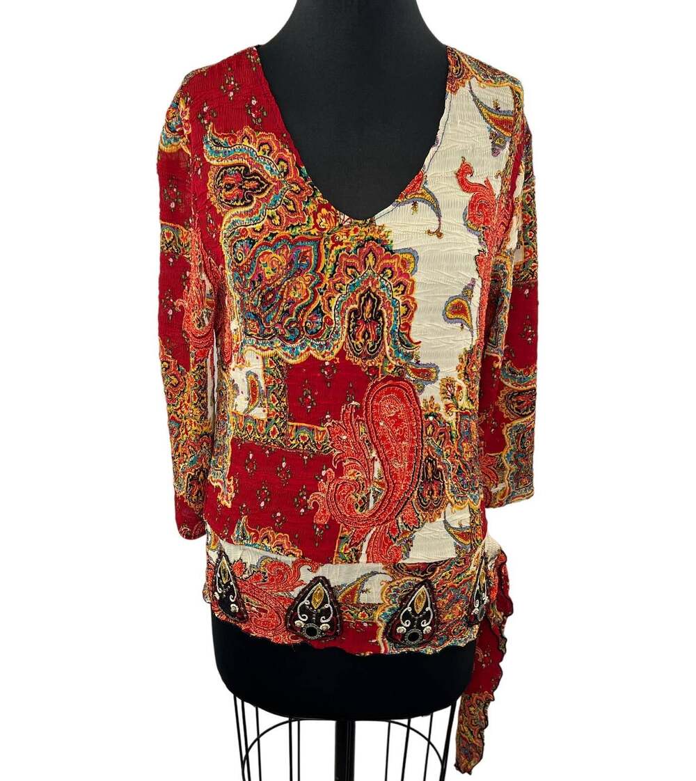 Alberto Makali Red Yellow Multi Crinkle Tie-Hem 3/4 Sleeve Blouse Boho V-Neck M